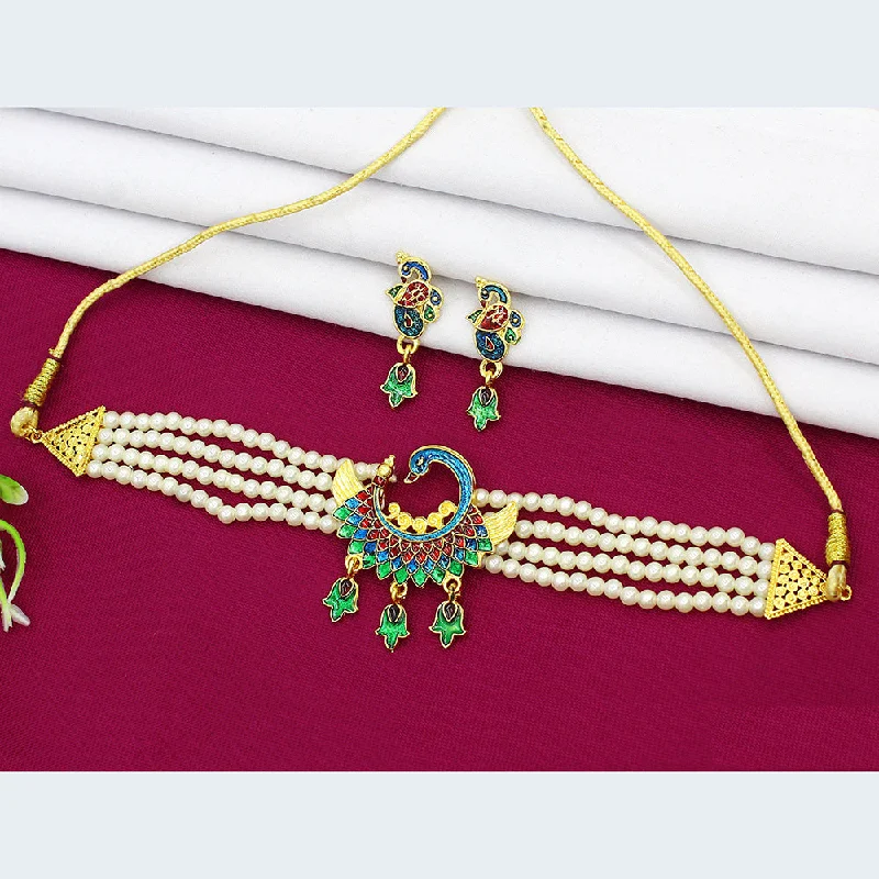 Mahavir Dye Gold Pearl Peacock Choker Necklace Set