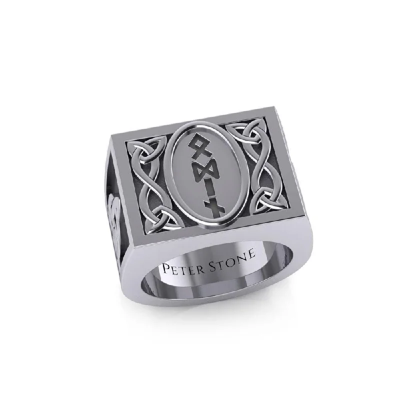 Viking God Odin Runic Silver Signet Men Ring with Triquetra Design TRI1973