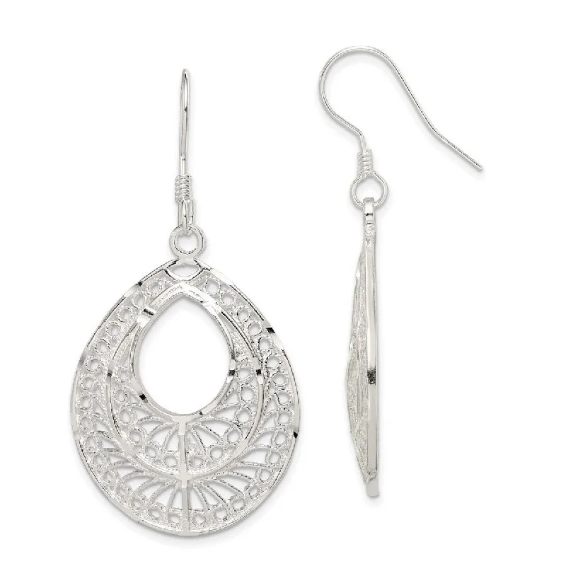 Curata 925 Sterling Silver 44x25mm Filigree Tear-drop Dangle Hook Earrings