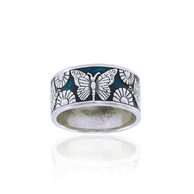 In a multicolored world of flowers and butterflies ~ Sterling Silver Jewelry Ring TRI104