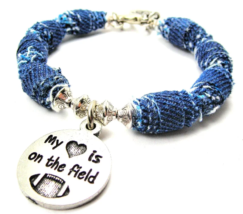 My Heart Is On The Field With Football Blue Jean Beaded Toggle Bracelet