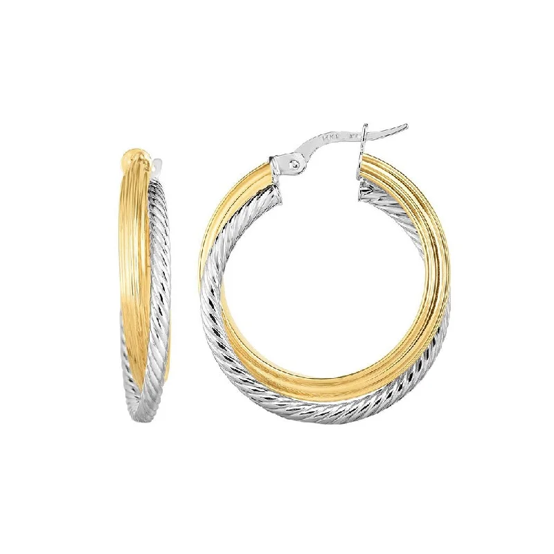 Curata 14k Two-tone Gold 4x20mm Textured Round Hoop Earrings