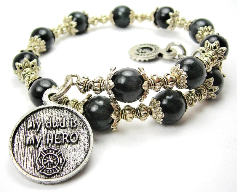 My Dad Is My Hero Firefighter Cat's Eye Beaded Wrap Bracelet