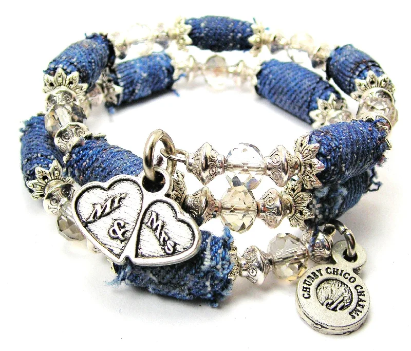 Mr. And Mrs. Double Hearts Blue Jean Beaded Wrap Bracelet