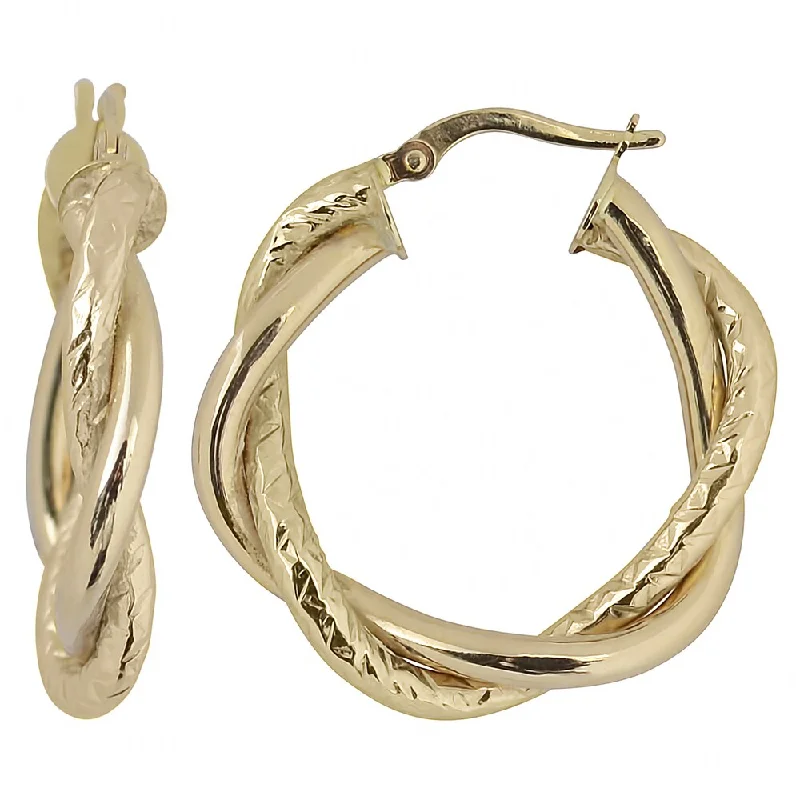 Fremada Italian 14k Yellow Gold Interwined High Polish and Diamond-cut Round Hoop Earrings