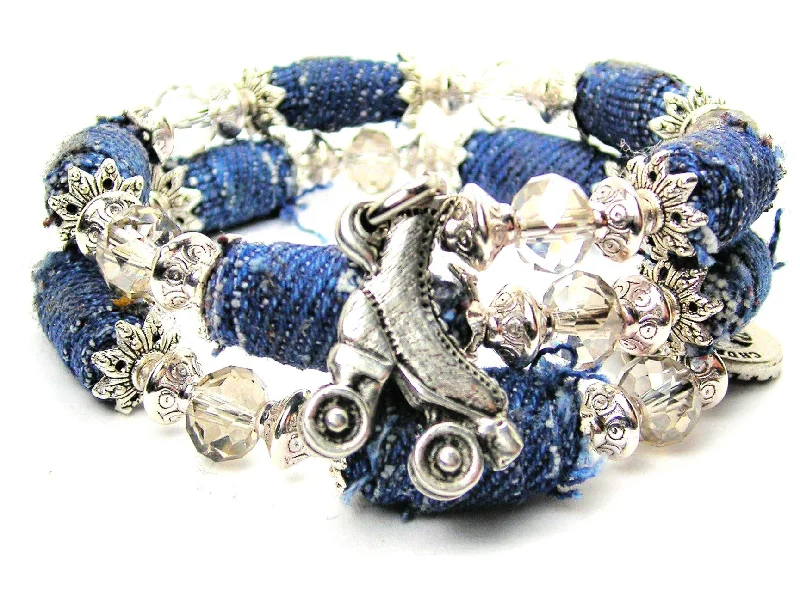 Roller Skate Blue Jean Beaded Wrap Bracelet