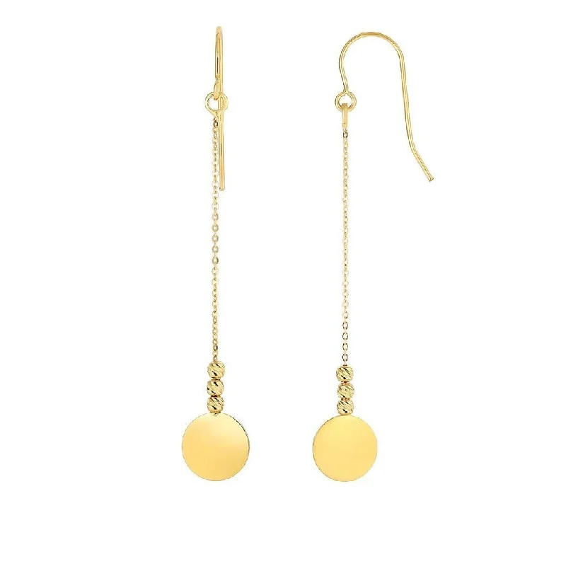 Curata 14k Yellow Gold 50x8mm Polished Disc & Textured Bead Drop Hook Earrings