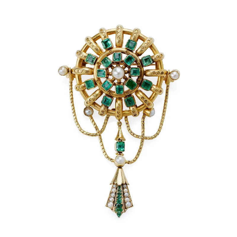 Carlo Giuliano Renaissance Revival 18K Gold and Emerald Brooch