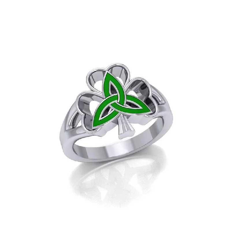 Enamel Trinity Knot on Shamrock  Clover Silver Ring TRI1752