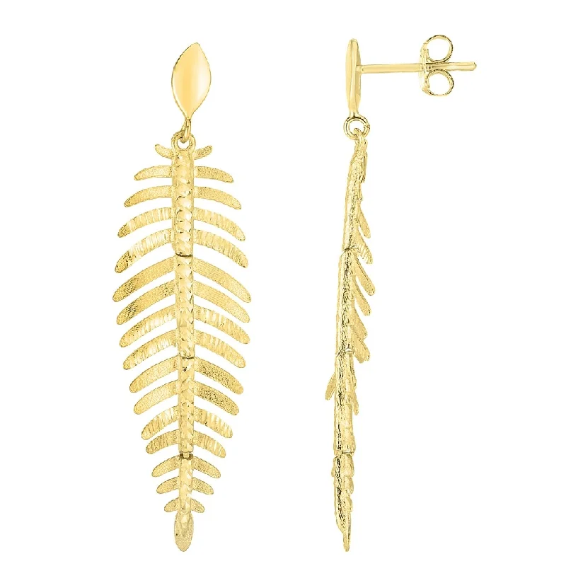 Curata 14k Yellow Gold 50x14mm Long Textured Leaf Dangle Post Earrings