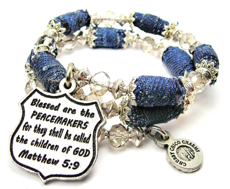 Blessed Are The Peacemakers For They Shall Be Called The Children Of God Matthew 5:9 Blue Jean Beaded Wrap Bracelet