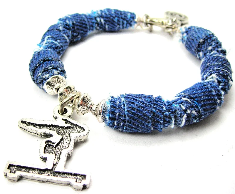 Female Gymnast On Balance Beam Blue Jean Beaded Toggle Bracelet