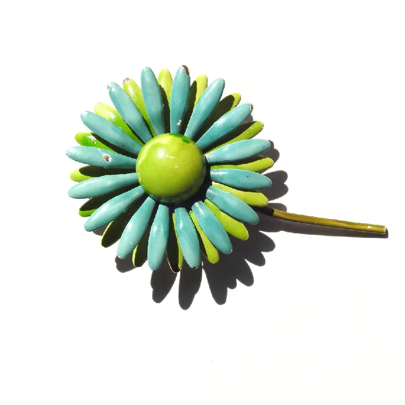 1960s Vintage Green Daisy Enamel Brooch - Retro Blue-Green Flower Pin